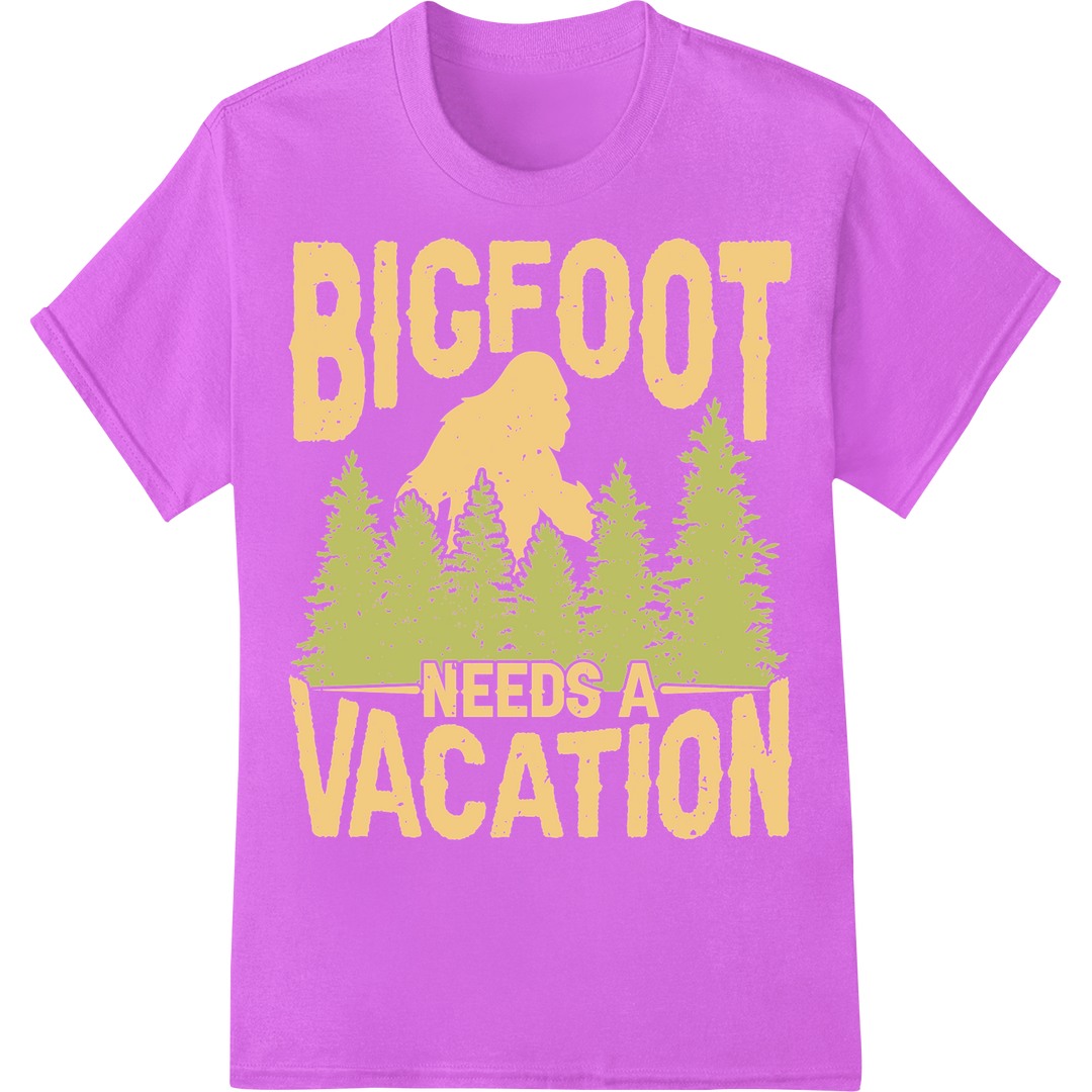 Bigfoot's Summer Getaway - Humorous Sasquatch DTF Print on purple shirt - SUPERDTF-DTF Prints-DTF Transfers-Custom DTF Prints