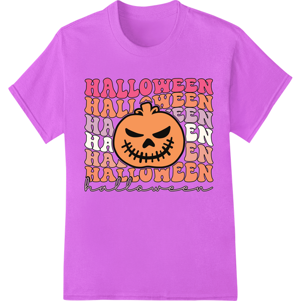 A cartoonish jack-o-lantern pumpkin design with a spooky expression, ideal for DTF heat transfers on t-shirts and apparel.