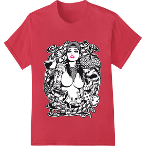 Enchanting Ink: Monochrome Tattoo Goddess DTF Heat Transfer showcasing advanced innovative apparel printing technology