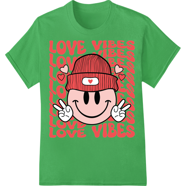 Adorable 'Love Vibes' Valentine's Day DTF Print Heat Transfer on green shirt - SUPERDTF-DTF Prints-DTF Transfers-Custom DTF Prints