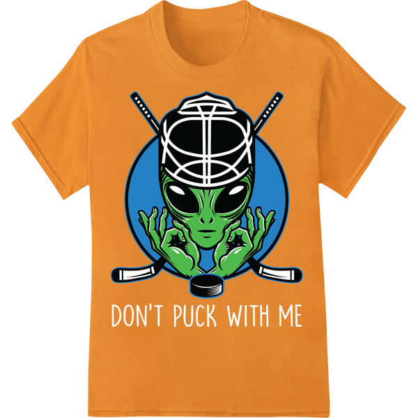 Fierce Alien Hockey Mascot DTF Print Heat Transfer on orange shirt - SUPERDTF-DTF Prints-DTF Transfers-Custom DTF Prints