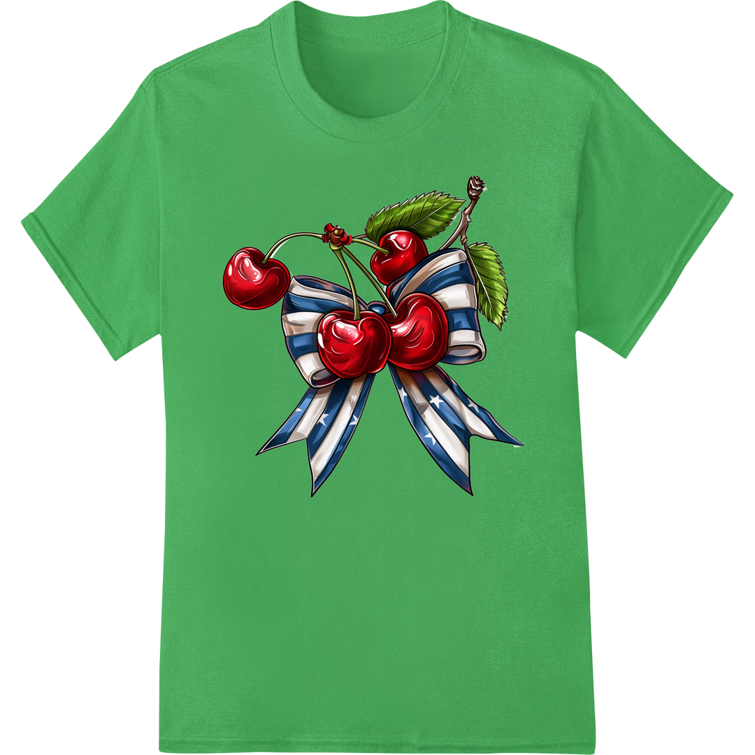 Patriotic Cherry Ribbon Bow - 4th of July Heat Transfer on green shirt - SUPERDTF-DTF Prints-DTF Transfers-Custom DTF Prints