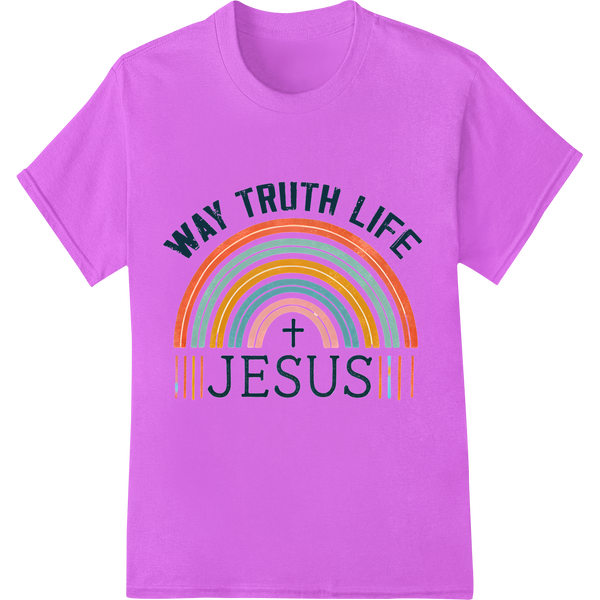 Vibrant Christian DTF Print: WAY TRUTH LIFE JESUS on purple shirt - SUPERDTF-DTF Prints-DTF Transfers-Custom DTF Prints