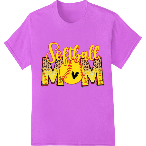 DTF heat transfer design featuring the words 'Softball Mom' with a softball graphic, ideal for custom t-shirts and apparel