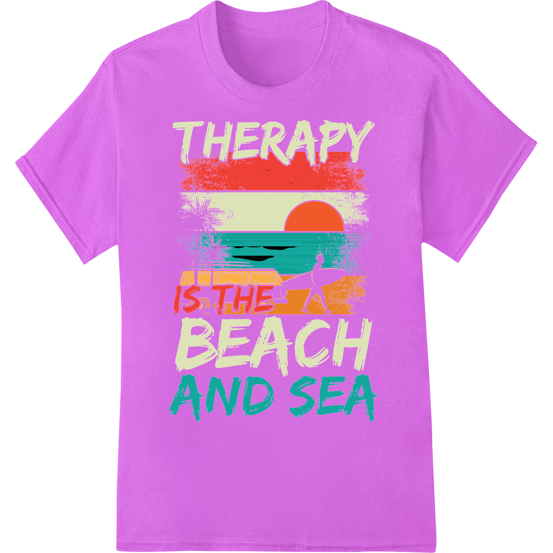 Retro 'Therapy is the Beach and Sea' Summer DTF Print on purple shirt - SUPERDTF-DTF Prints-DTF Transfers-Custom DTF Prints