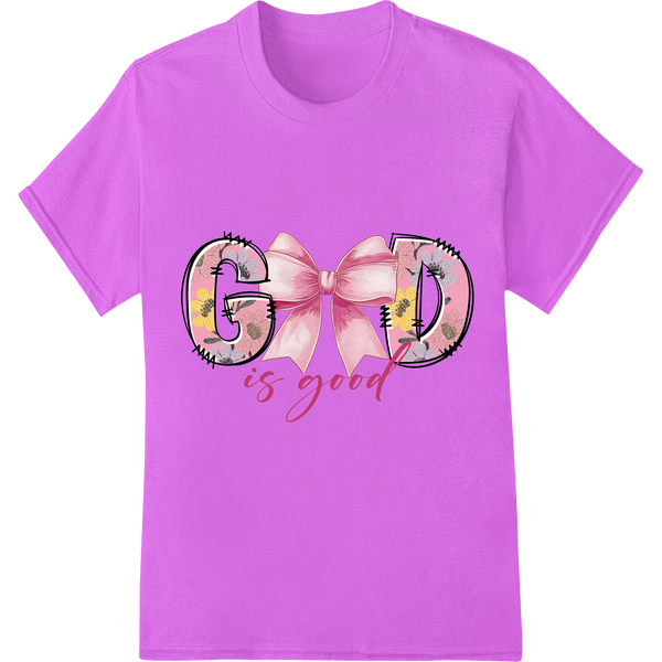 Inspirational "God Is Good" Pink Bow DTF Print Heat Transfer on purple shirt - SUPERDTF-DTF Prints-DTF Transfers-Custom DTF Prints