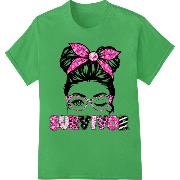 Pink Survivor Bandana Bow - Breast Cancer Awareness DTF on green shirt - SUPERDTF-DTF Prints-DTF Transfers-Custom DTF Prints