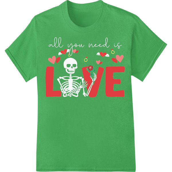 Skeleton Love: Valentine's Day DTF Print Heat Transfer on green shirt - SUPERDTF-DTF Prints-DTF Transfers-Custom DTF Prints