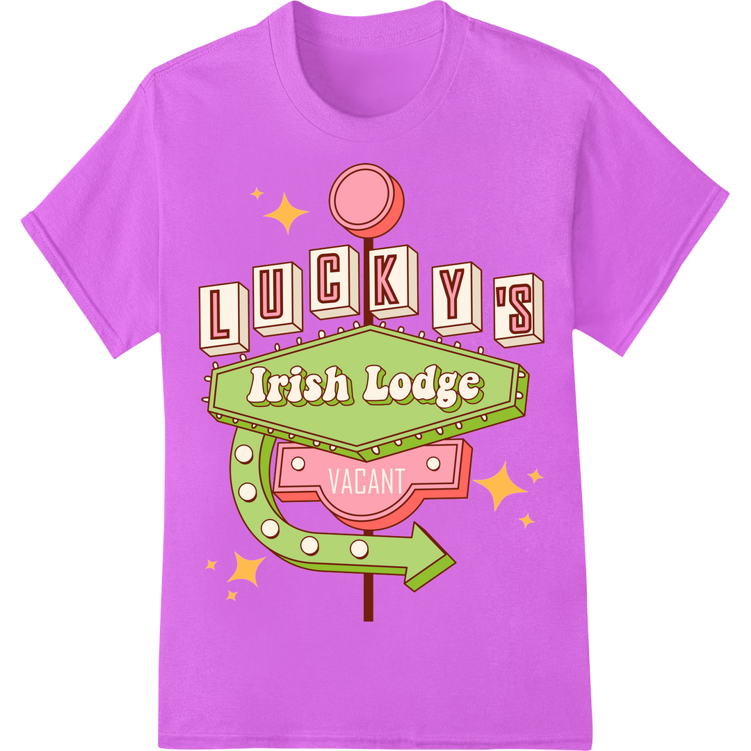 Retro 'LUCKY'S Irish Lodge' St. Patrick's Day DTF Print on purple shirt - SUPERDTF-DTF Prints-DTF Transfers-Custom DTF Prints