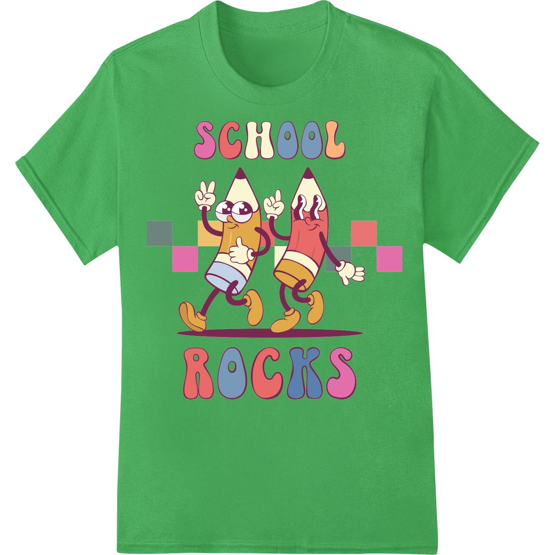 Retro 'School Rocks' DTF Heat Transfer Print | Education on green shirt - SUPERDTF-DTF Prints-DTF Transfers-Custom DTF Prints