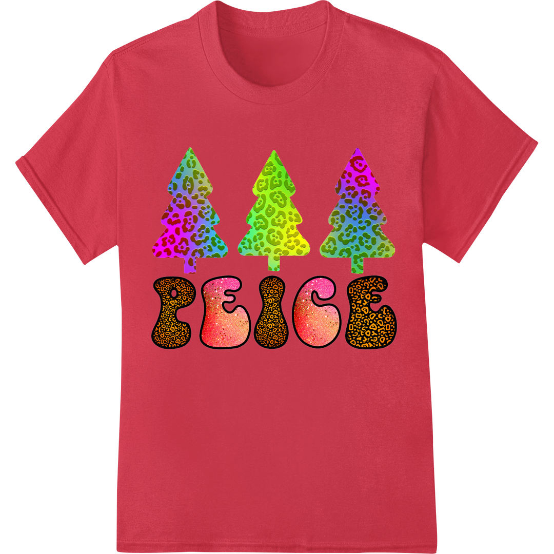 Colorful Leopard Print Peace Christmas Trees DTF Transfer on red shirt - SUPERDTF-DTF Prints-DTF Transfers-Custom DTF Prints