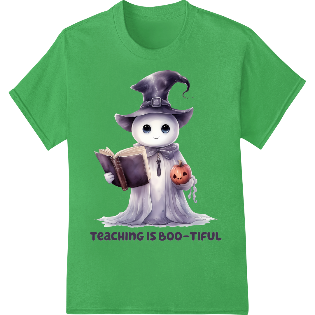 Spooky Cute 'Teaching is Boo-tiful' Ghost Teacher DTF Print on green shirt - SUPERDTF-DTF Prints-DTF Transfers-Custom DTF Prints