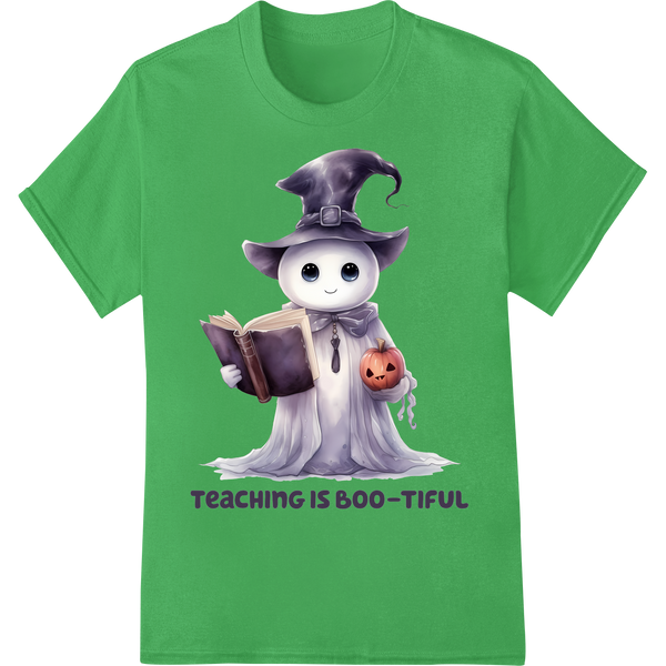 Spooky Cute 'Teaching is Boo-tiful' Ghost Teacher DTF Print on green shirt - SUPERDTF-DTF Prints-DTF Transfers-Custom DTF Prints