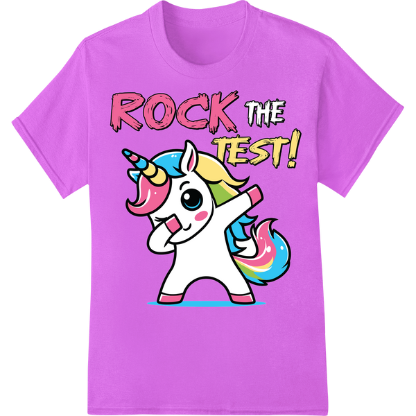 Unicorn 'Rock the Test!' DTF Print Heat Transfer for Teachers on purple shirt - SUPERDTF-DTF Prints-DTF Transfers-Custom DTF Prints