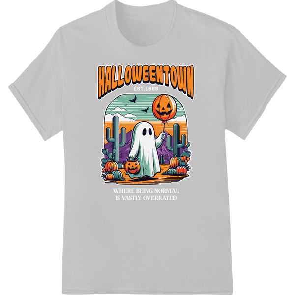 A Halloween-themed DTF print heat transfer design featuring a spooky ghost on a dark background with a haunted town...