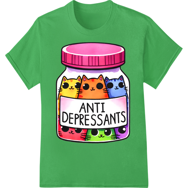 Sarcastic Cat Anti Depressants: Humorous DTF Heat Transfer on green shirt - SUPERDTF-DTF Prints-DTF Transfers-Custom DTF Prints