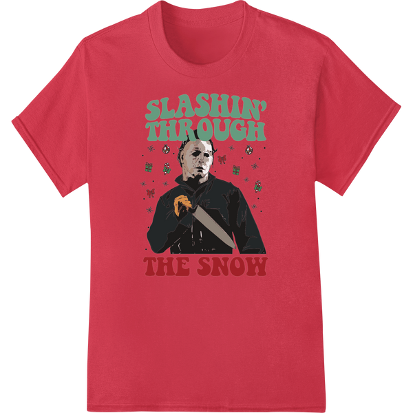 Humorous Christmas horror movie parody design showing a serial killer slashing through the snow with a knife