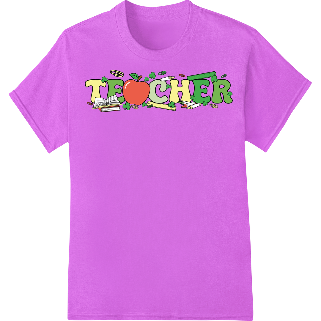 Festive St. Patrick's Day 'Teacher' Heat Transfer Design on purple shirt - SUPERDTF-DTF Prints-DTF Transfers-Custom DTF Prints