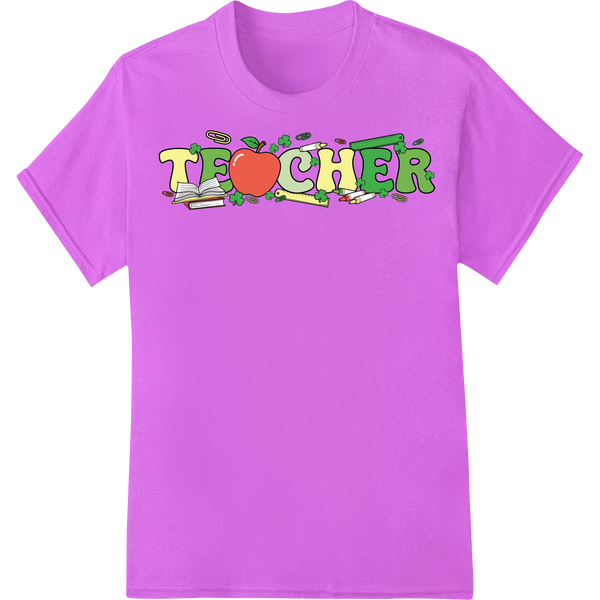 Festive St. Patrick's Day 'Teacher' Heat Transfer Design on purple shirt - SUPERDTF-DTF Prints-DTF Transfers-Custom DTF Prints