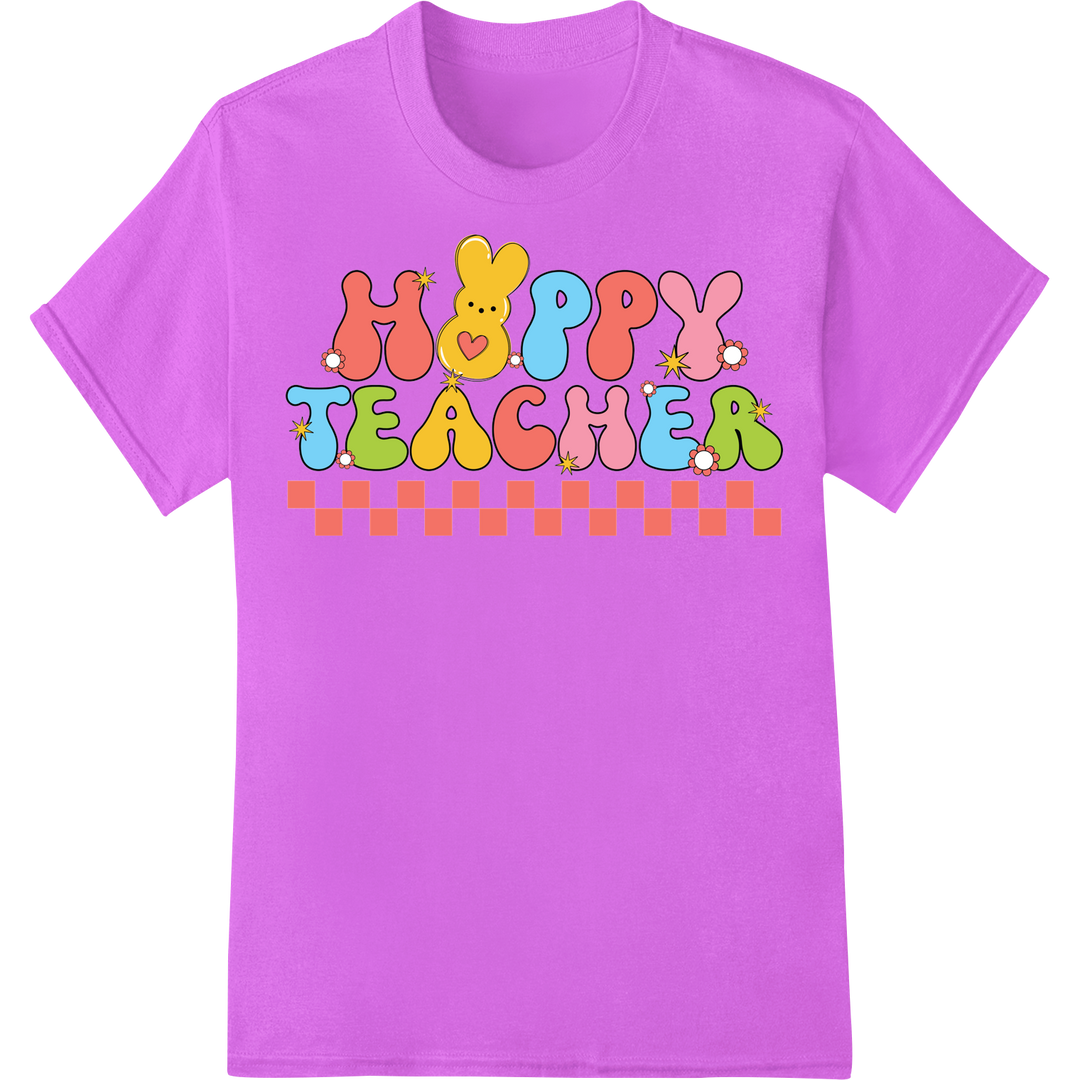 Celebrate Teachers with this Colorful Happy Teacher DTF Print on purple shirt - SUPERDTF-DTF Prints-DTF Transfers-Custom DTF Prints