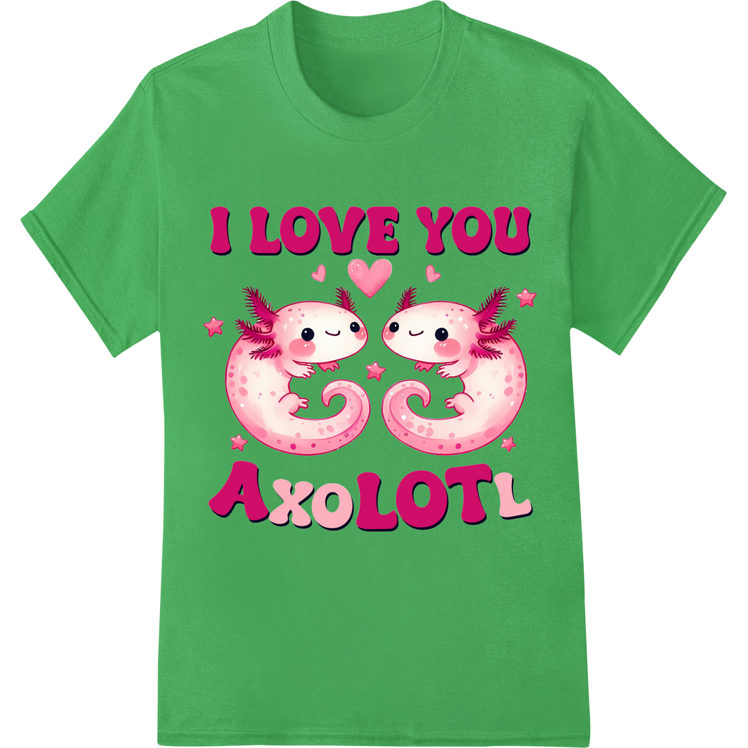 Adorable Axolotl Love - Cute Valentine's Day DTF Print on green shirt - SUPERDTF-DTF Prints-DTF Transfers-Custom DTF Prints