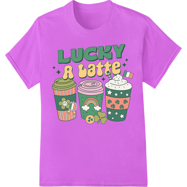 Lucky a Latte: Festive St. Patrick's Day DTF Print Transfer on purple shirt - SUPERDTF-DTF Prints-DTF Transfers-Custom DTF Prints