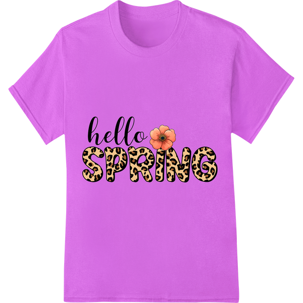 Vibrant 'Hello Spring' Leopard Floral DTF Print Heat Transfer on purple shirt - SUPERDTF-DTF Prints-DTF Transfers-Custom DTF Prints