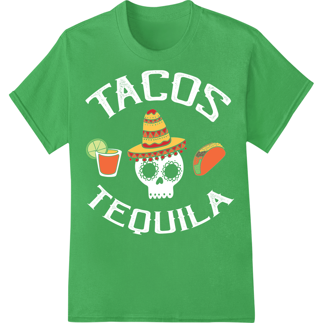 Festive Cinco de Mayo Sombrero Taco Beverage DTF Print on green shirt - SUPERDTF-DTF Prints-DTF Transfers-Custom DTF Prints