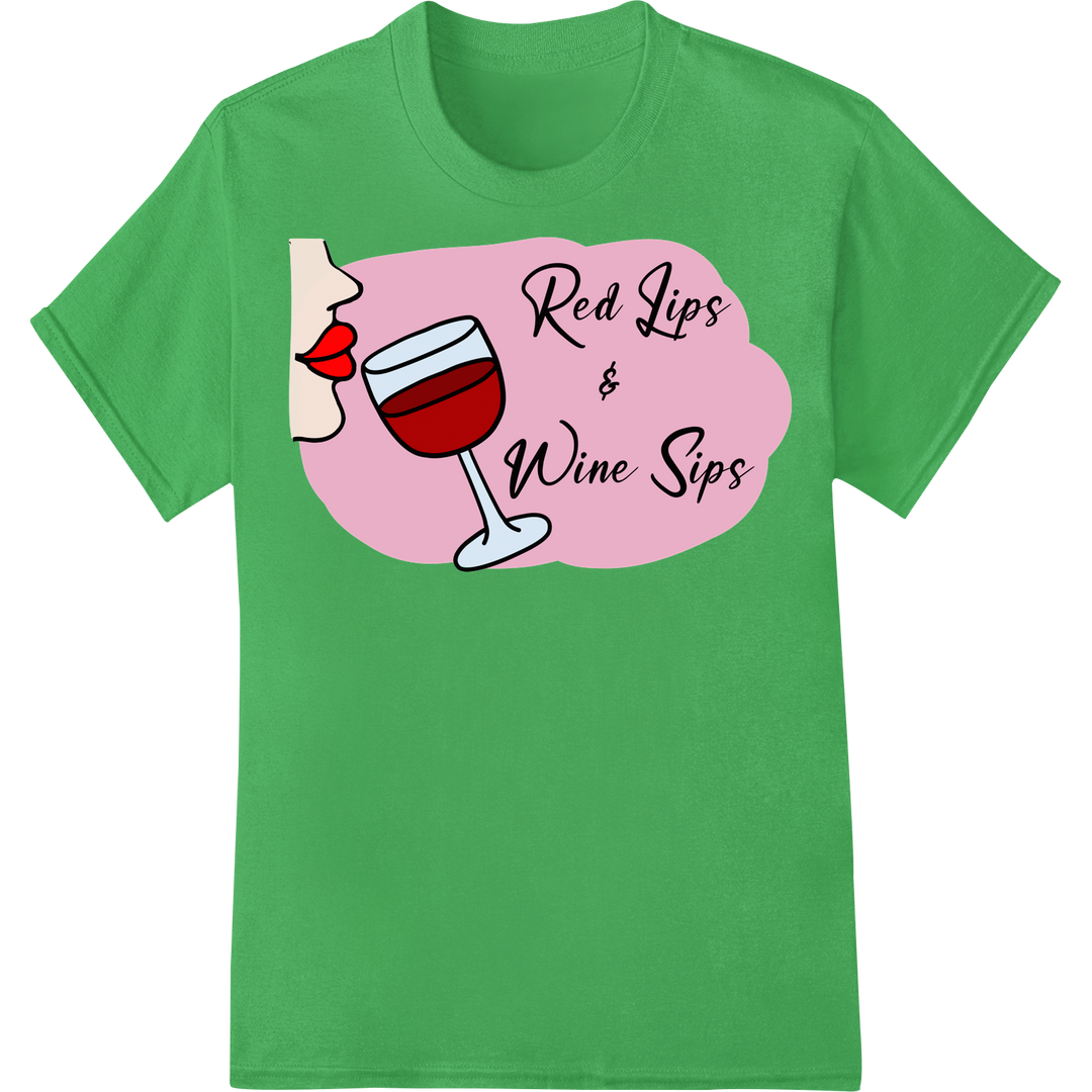 Red Lips & Wine Sips: Playful DTF Print for Wine Lovers on green shirt - SUPERDTF-DTF Prints-DTF Transfers-Custom DTF Prints