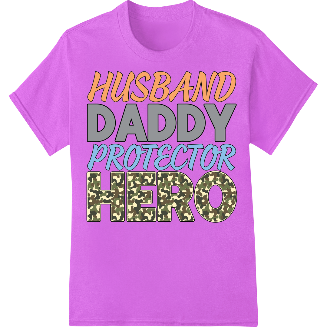 Bold Camo 'Husband Daddy Protector Hero' Father's Day DTF Print on purple shirt - SUPERDTF-DTF Prints-DTF Transfers-Custom DTF Prints