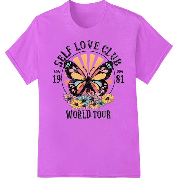 Retro-inspired butterfly design with the words 'Self Love Club' for DTF heat transfer printing on apparel