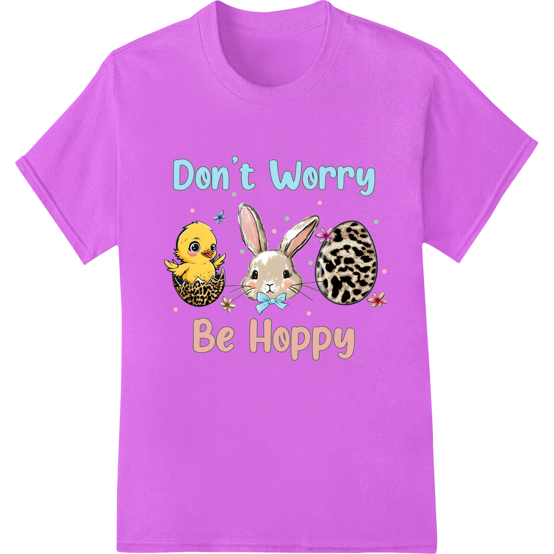 Don't Worry Be Hoppy: Cute Easter DTF Heat Transfer Print on purple shirt - SUPERDTF-DTF Prints-DTF Transfers-Custom DTF Prints