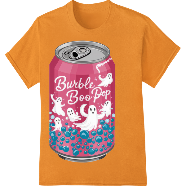 Cartoon ghost design with the text 'Spooky Cute Burble Boo Pop' in a fun, Halloween-themed font against an orange background.