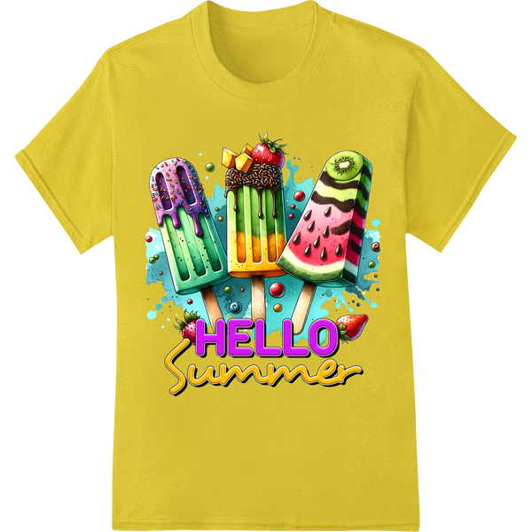 Vibrant 'HELLO Summer' Popsicle DTF Print Heat Transfer on yellow shirt - SUPERDTF-DTF Prints-DTF Transfers-Custom DTF Prints