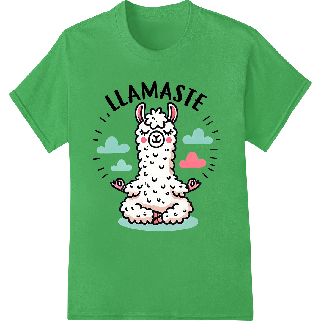 Llamaste: Peaceful Yoga Llama DTF Print Heat Transfer on green shirt - SUPERDTF-DTF Prints-DTF Transfers-Custom DTF Prints