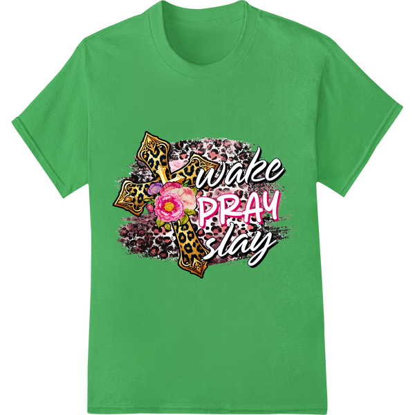 Wake Pray Slay Christian Leopard Print DTF Heat Transfer on green shirt - SUPERDTF-DTF Prints-DTF Transfers-Custom DTF Prints