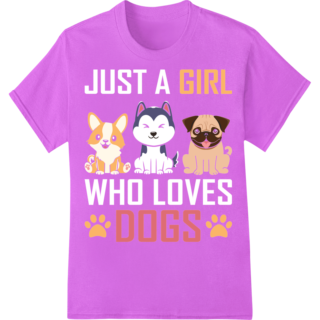 Adorable 'Girl Dogs' DTF Print Heat Transfer - Cute Trio! on purple shirt - SUPERDTF-DTF Prints-DTF Transfers-Custom DTF Prints