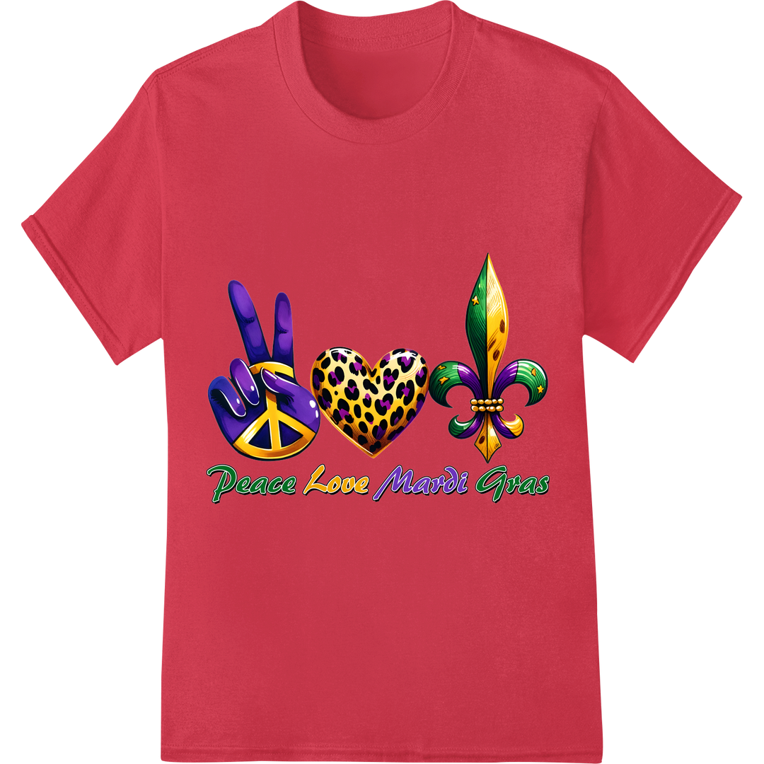 Festive 'Peace Love Mardi Gras' DTF Print | Carnival Designs on red shirt - SUPERDTF-DTF Prints-DTF Transfers-Custom DTF Prints