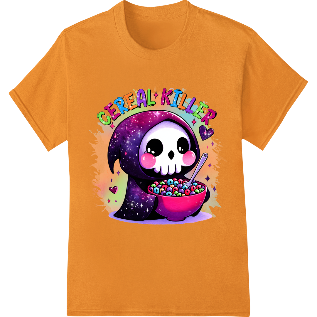 Adorable 'Cereal Killer' Skeleton DTF Print Heat Transfer on orange shirt - SUPERDTF-DTF Prints-DTF Transfers-Custom DTF Prints