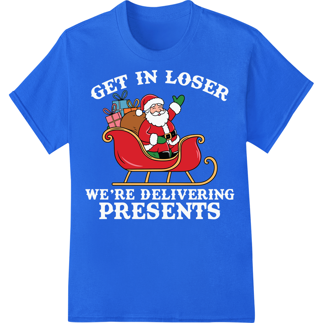 Jolly Santa's Sleigh Ride: Festive DTF Print Heat Transfer on blue shirt - SUPERDTF-DTF Prints-DTF Transfers-Custom DTF Prints