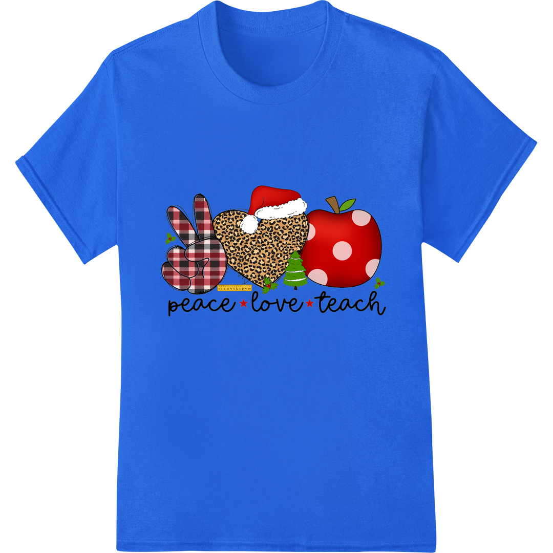 Festive 'Peace Love Teach' Christmas Teacher DTF Print on blue shirt - SUPERDTF-DTF Prints-DTF Transfers-Custom DTF Prints