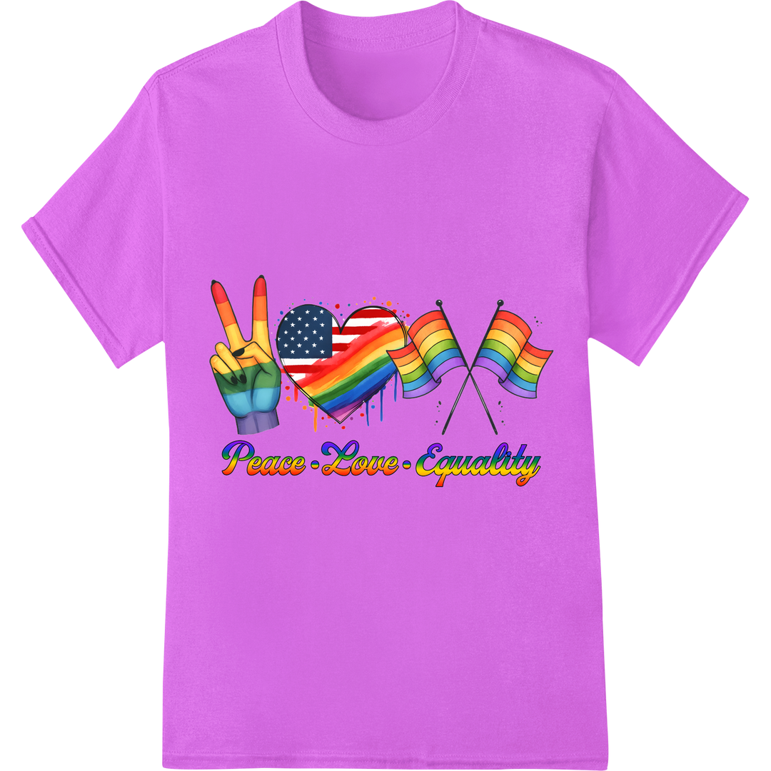 LGBT Rainbow Peace Love Equality Pride Month DTF Print on purple shirt - SUPERDTF-DTF Prints-DTF Transfers-Custom DTF Prints