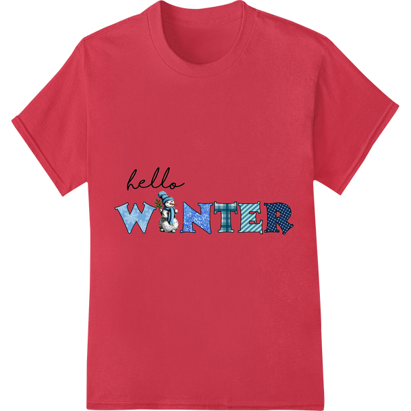 Adorable Snowman "hello winter" | DTF Heat Transfer Print on red shirt - SUPERDTF-DTF Prints-DTF Transfers-Custom DTF Prints