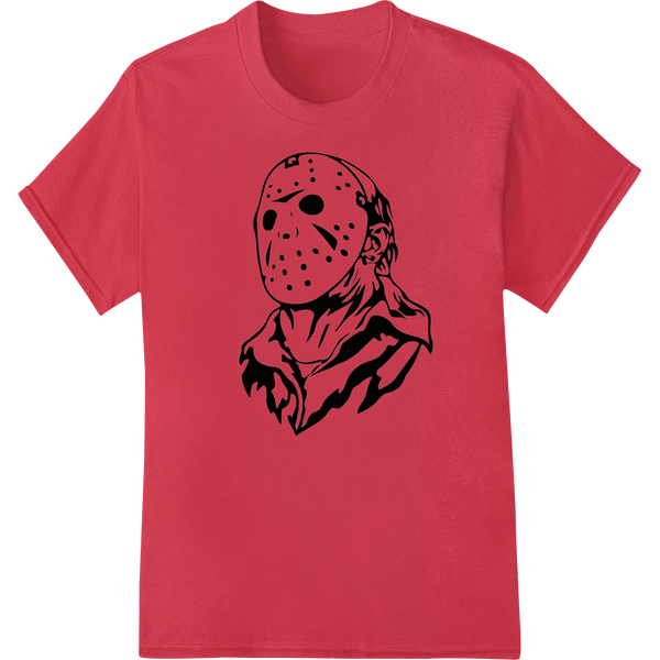 Chilling Jason Voorhees B&W Horror DTF Heat Transfer on red shirt - SUPERDTF-DTF Prints-DTF Transfers-Custom DTF Prints