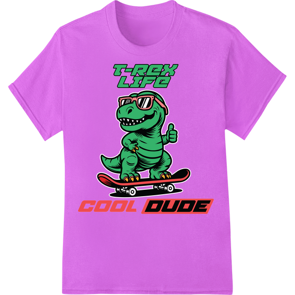 T-Rex Life: Radical Skateboarding Dinosaur DTF Print on purple shirt - SUPERDTF-DTF Prints-DTF Transfers-Custom DTF Prints