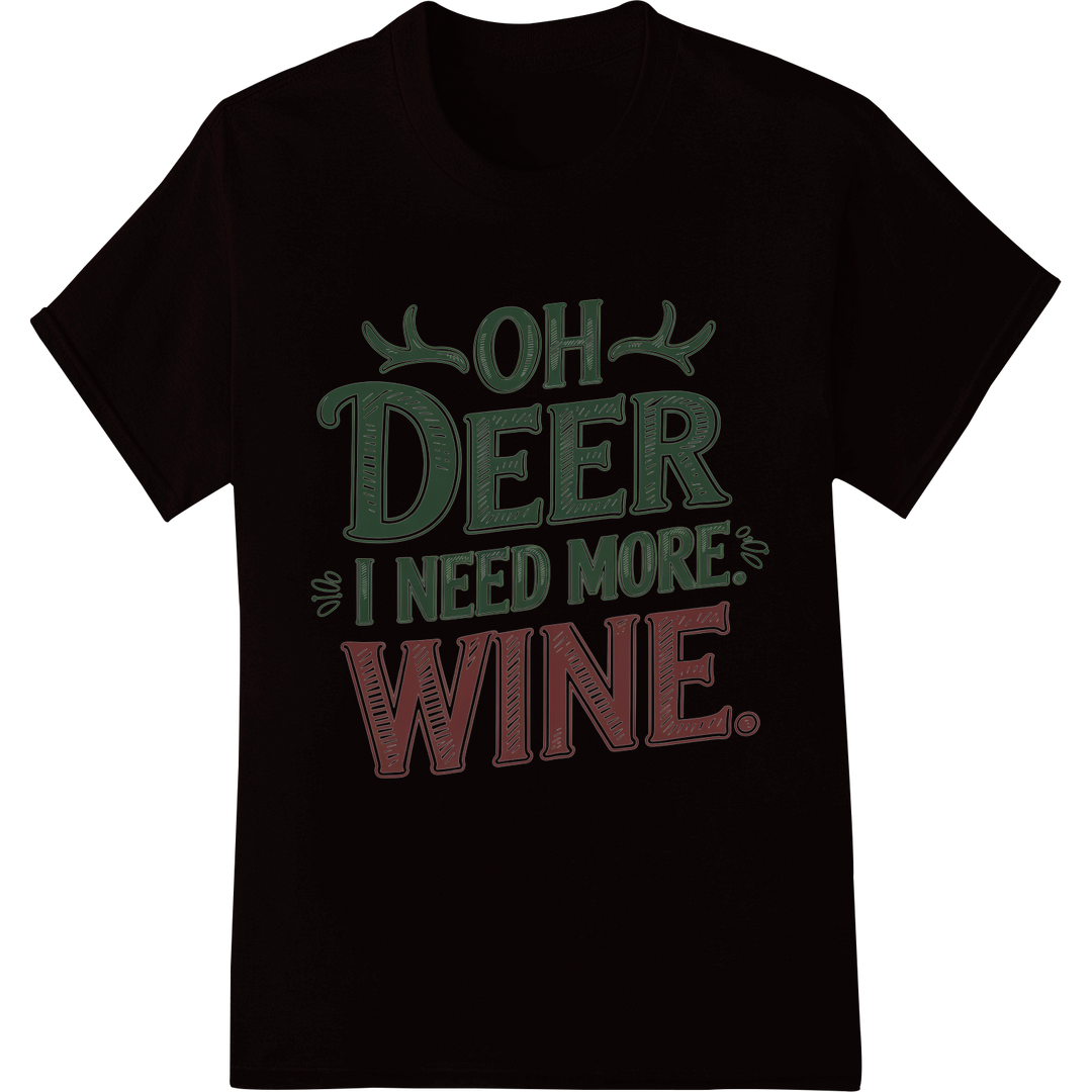 Festive "Oh Deer I Need More Wine" Christmas DTF Print on black shirt - SUPERDTF-DTF Prints-DTF Transfers-Custom DTF Prints