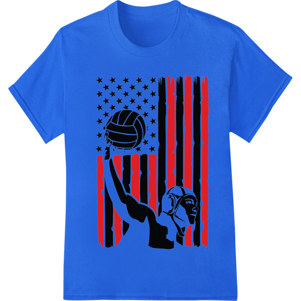 Patriotic Volleyball Player USA Flag Silhouette Design on blue shirt - SUPERDTF-DTF Prints-DTF Transfers-Custom DTF Prints