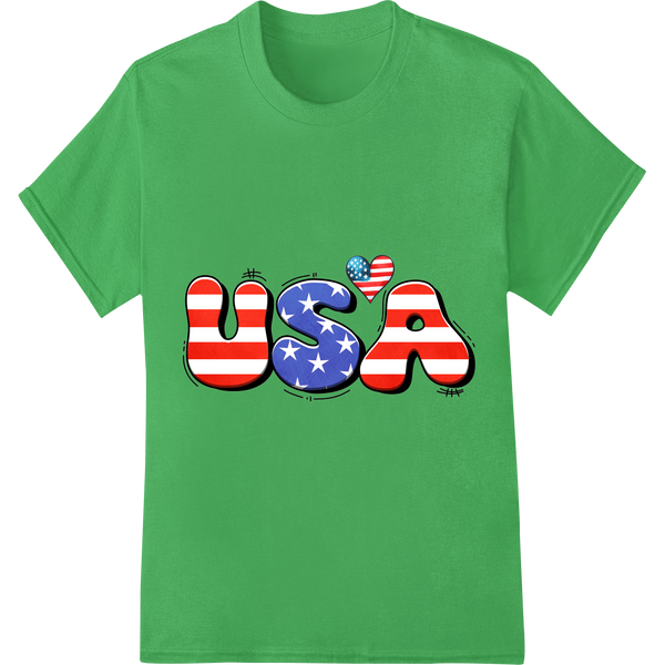 USA Flag Spells Patriotic Pride | 4th of July DTF Print on green shirt - SUPERDTF-DTF Prints-DTF Transfers-Custom DTF Prints