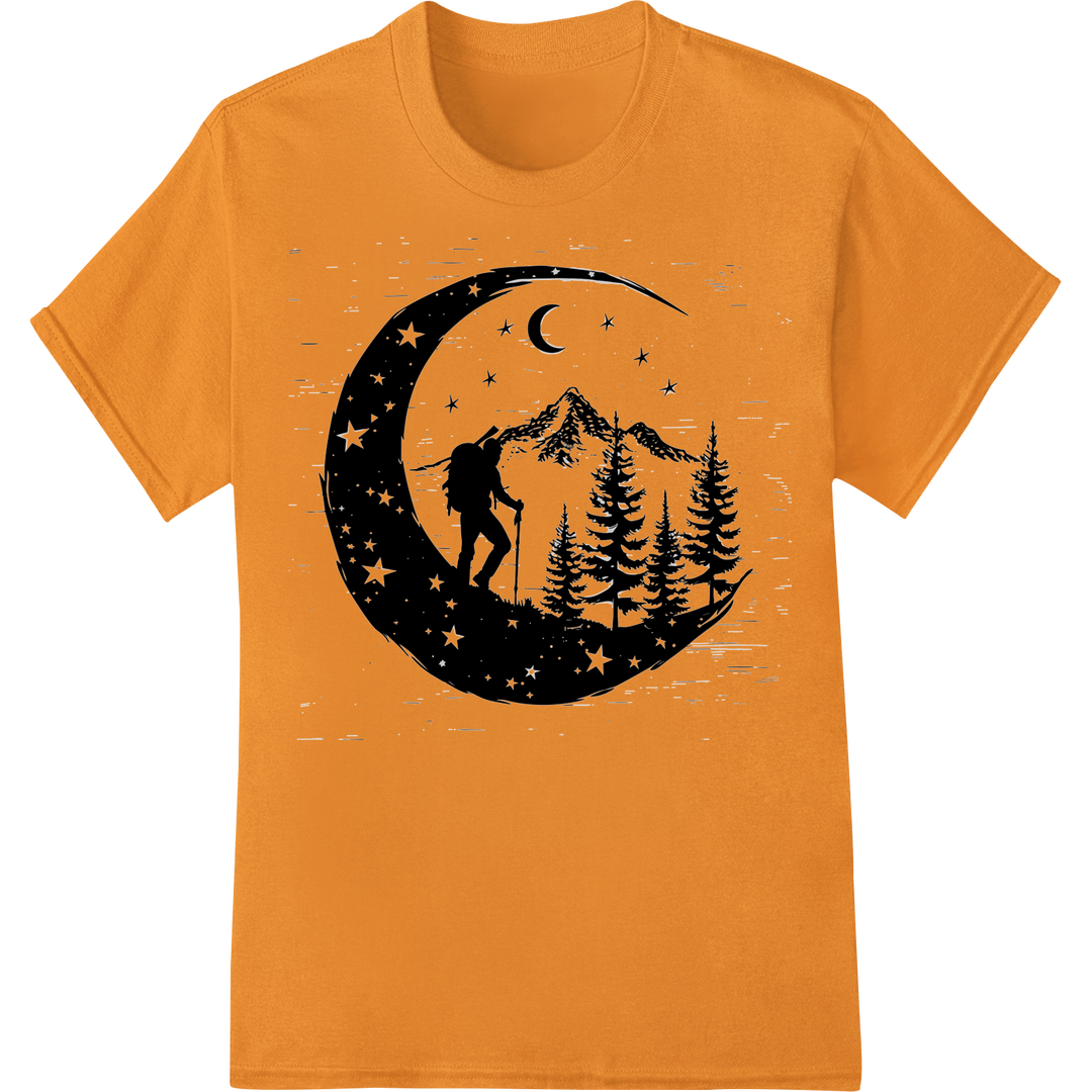 Starry Night Hiker: Monochromatic Outdoor Adventure DTF Print on orange shirt - SUPERDTF-DTF Prints-DTF Transfers-Custom DTF Prints