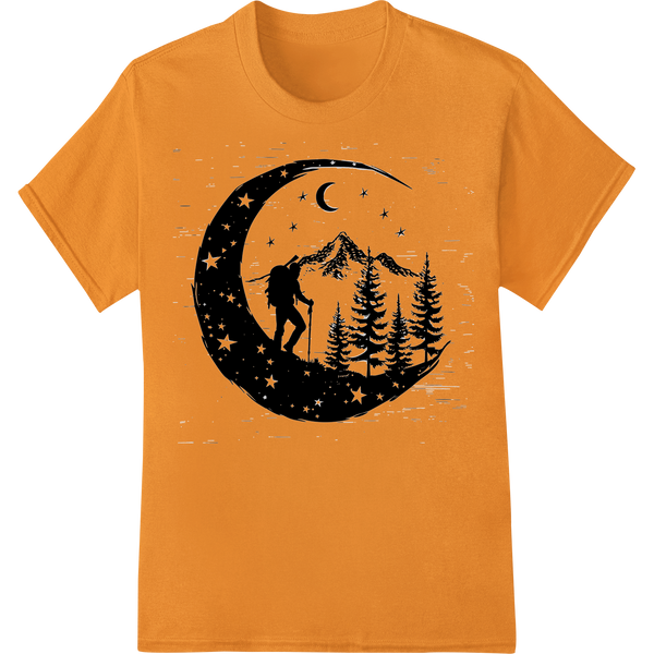 Starry Night Hiker: Monochromatic Outdoor Adventure DTF Print on orange shirt - SUPERDTF-DTF Prints-DTF Transfers-Custom DTF Prints